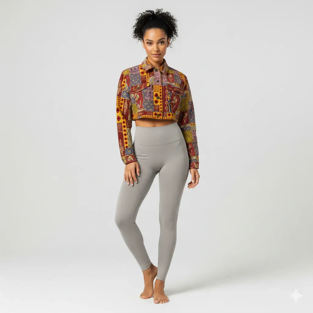 Cropped Jean Jacket in Patchwork Print Twill - Wearable Fine Art by Shoosty