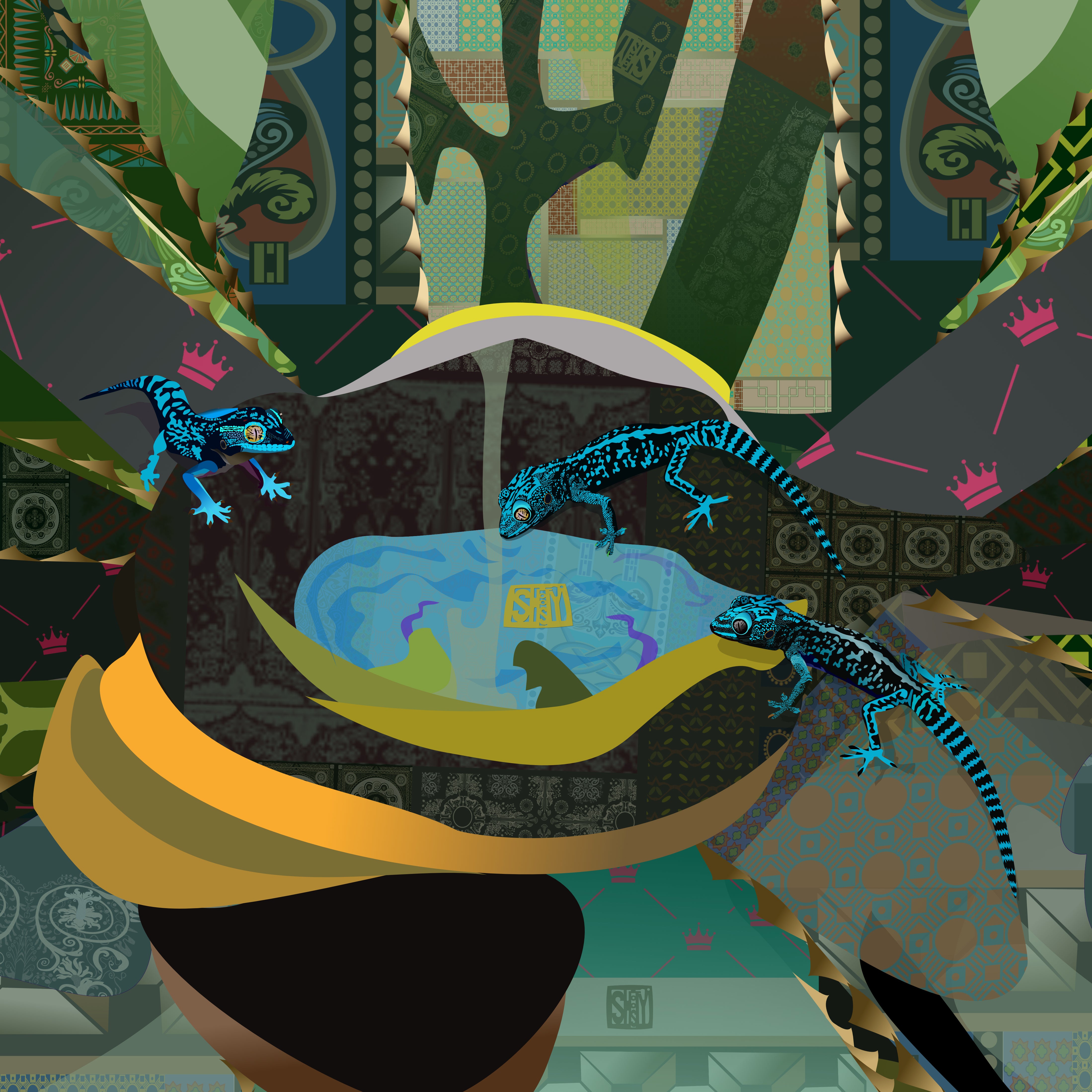 Limited Edition Electric Blue Gecko Silk Scarf – Chromatic Fusionism Series - Wearable Fine Art by Shoosty