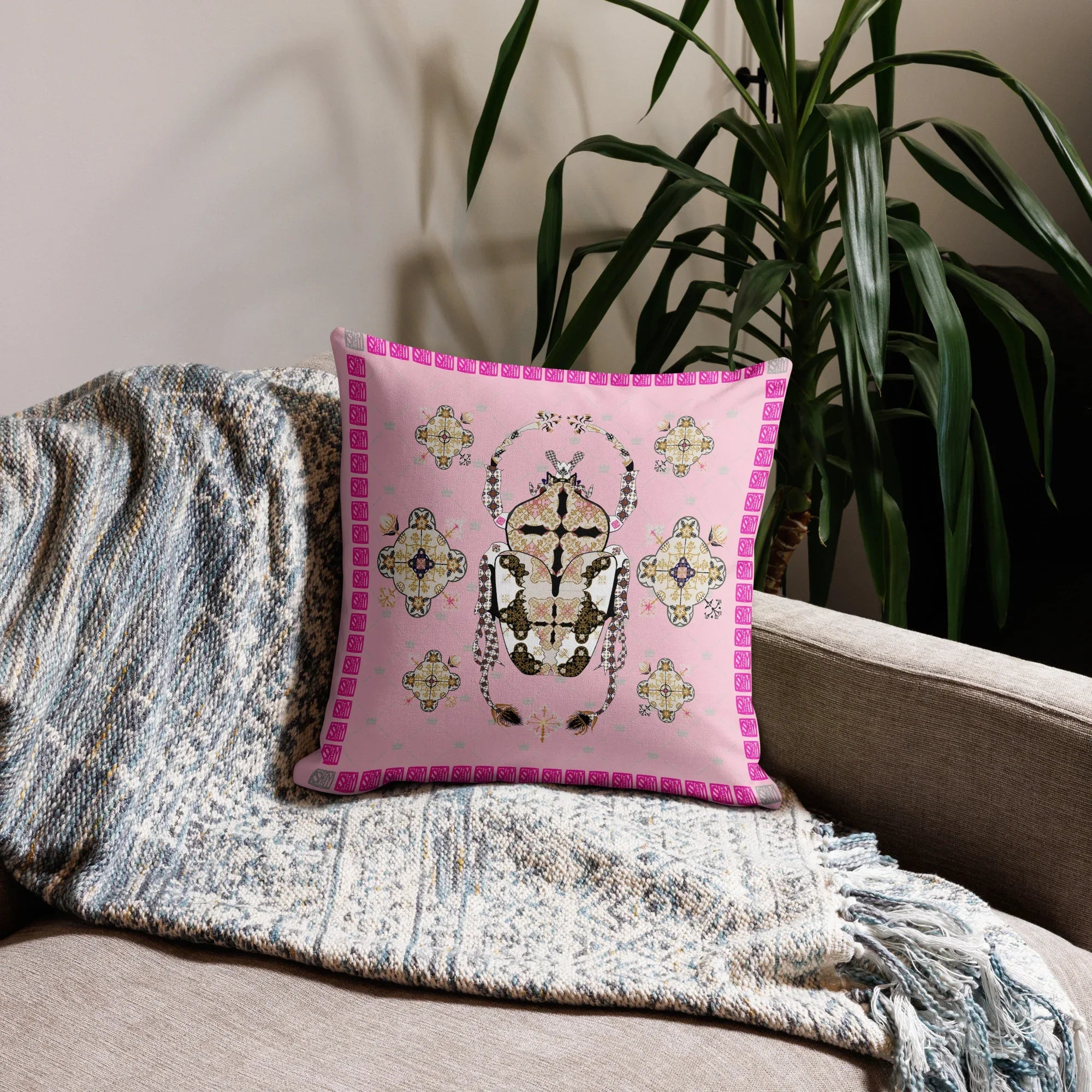 English Pink Scarab Pillow 18″×18″ - Wearable Fine Art by Shoosty
