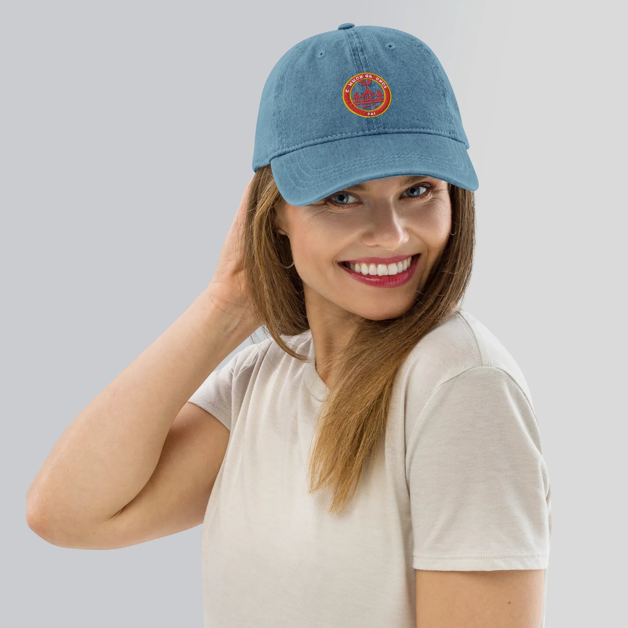 Common Grounds Denim Hat Blue - Wearable Fine Art by Shoosty