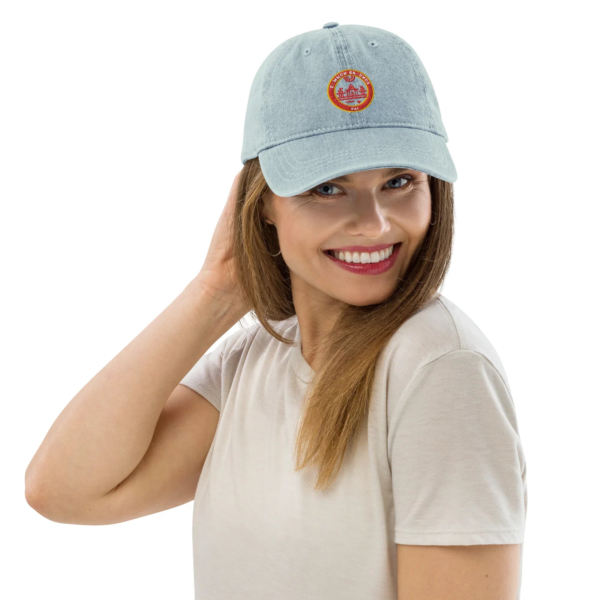 Common Grounds Denim Hat Light Blue - Wearable Fine Art by Shoosty