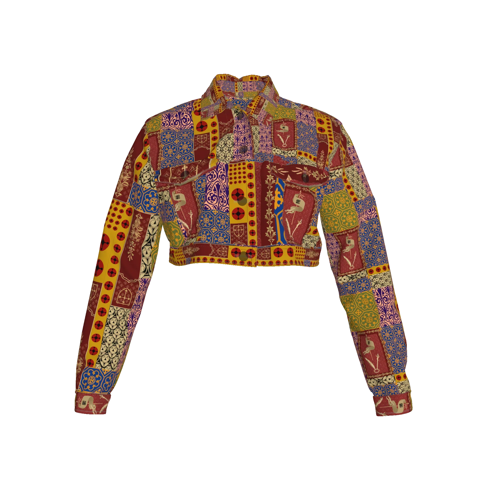 Cropped Jean Jacket in Patchwork Print Twill - Wearable Fine Art by Shoosty