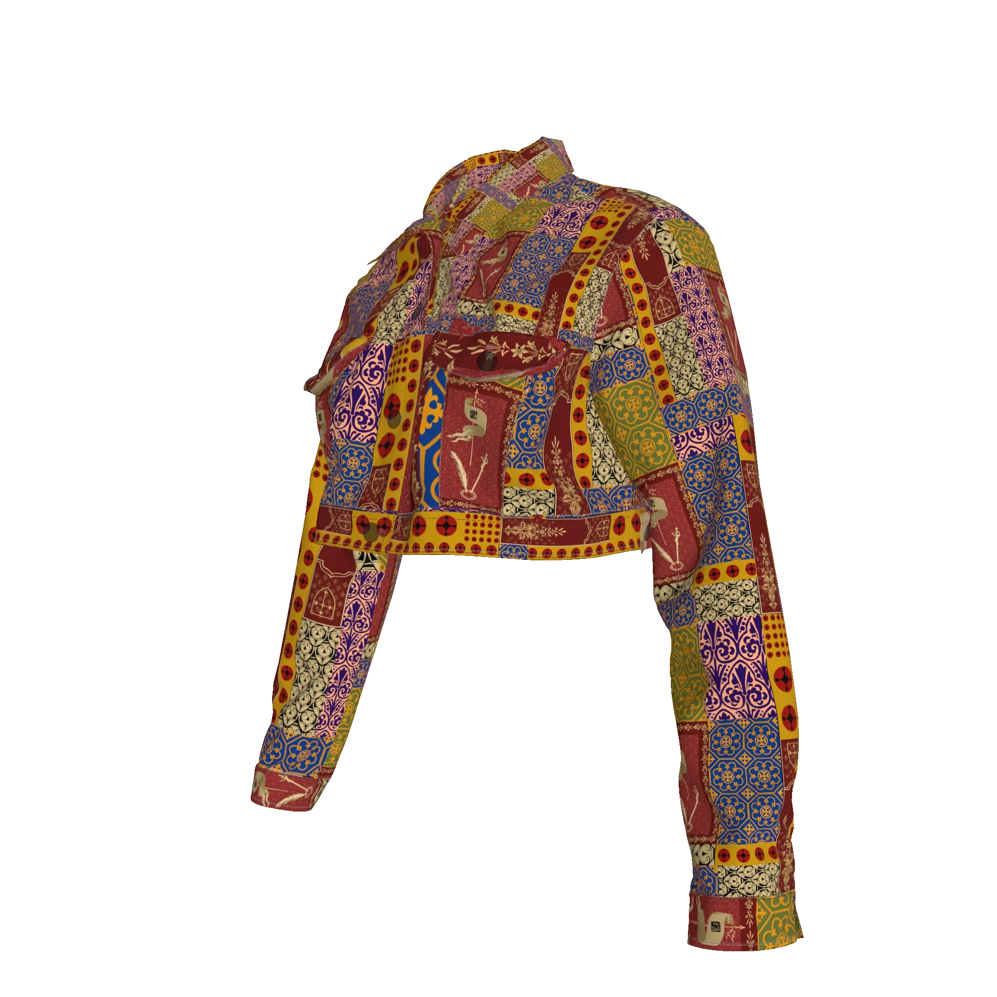 Cropped Jean Jacket in Patchwork Print Twill - Wearable Fine Art by Shoosty