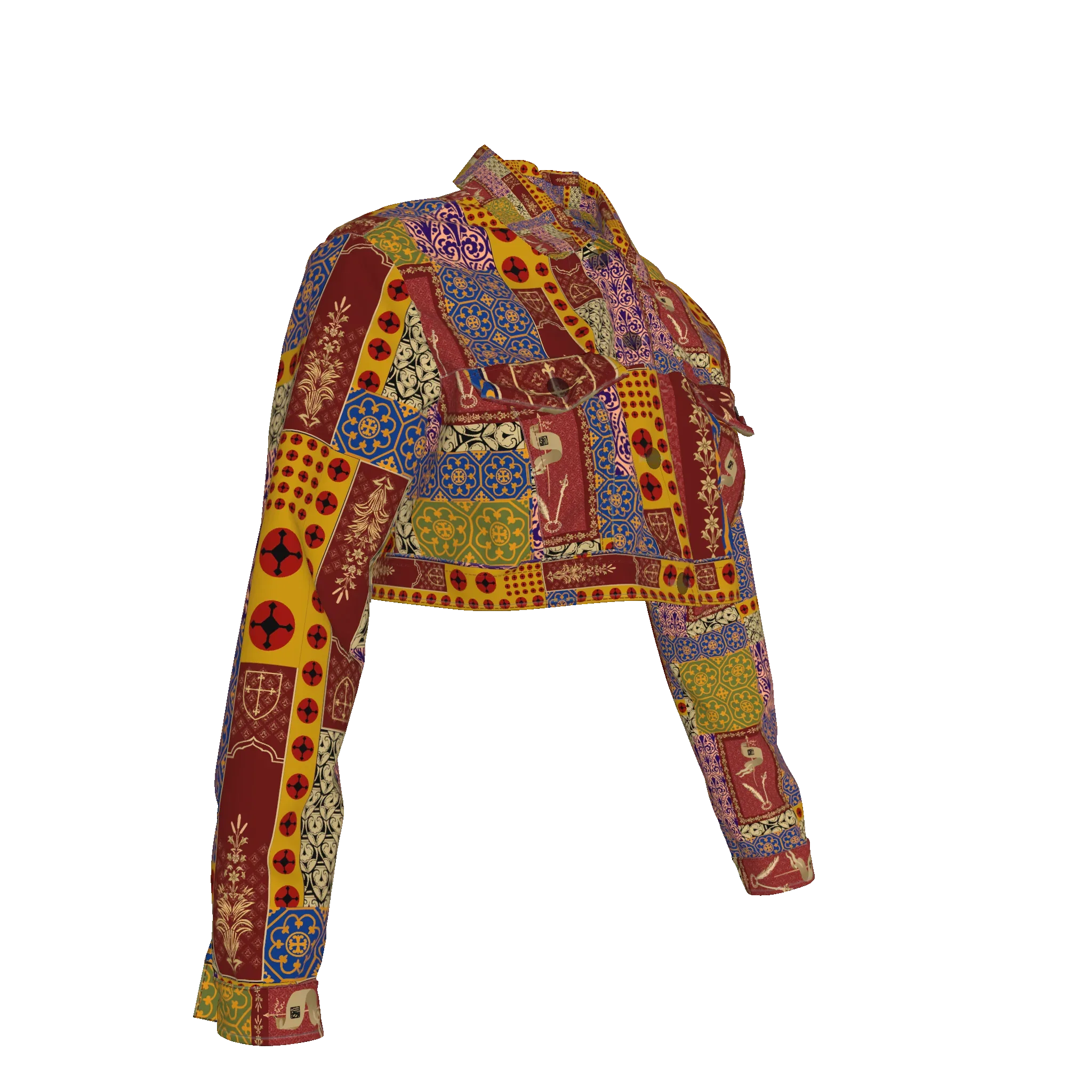 Cropped Jean Jacket in Patchwork Print Twill - Wearable Fine Art by Shoosty