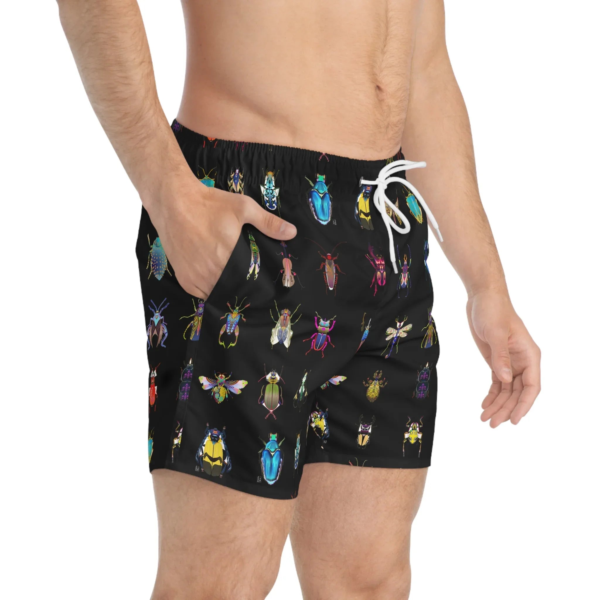 Shoosty® Bugs Black Swim Trunks (AOP) - Wearable Fine Art by Shoosty