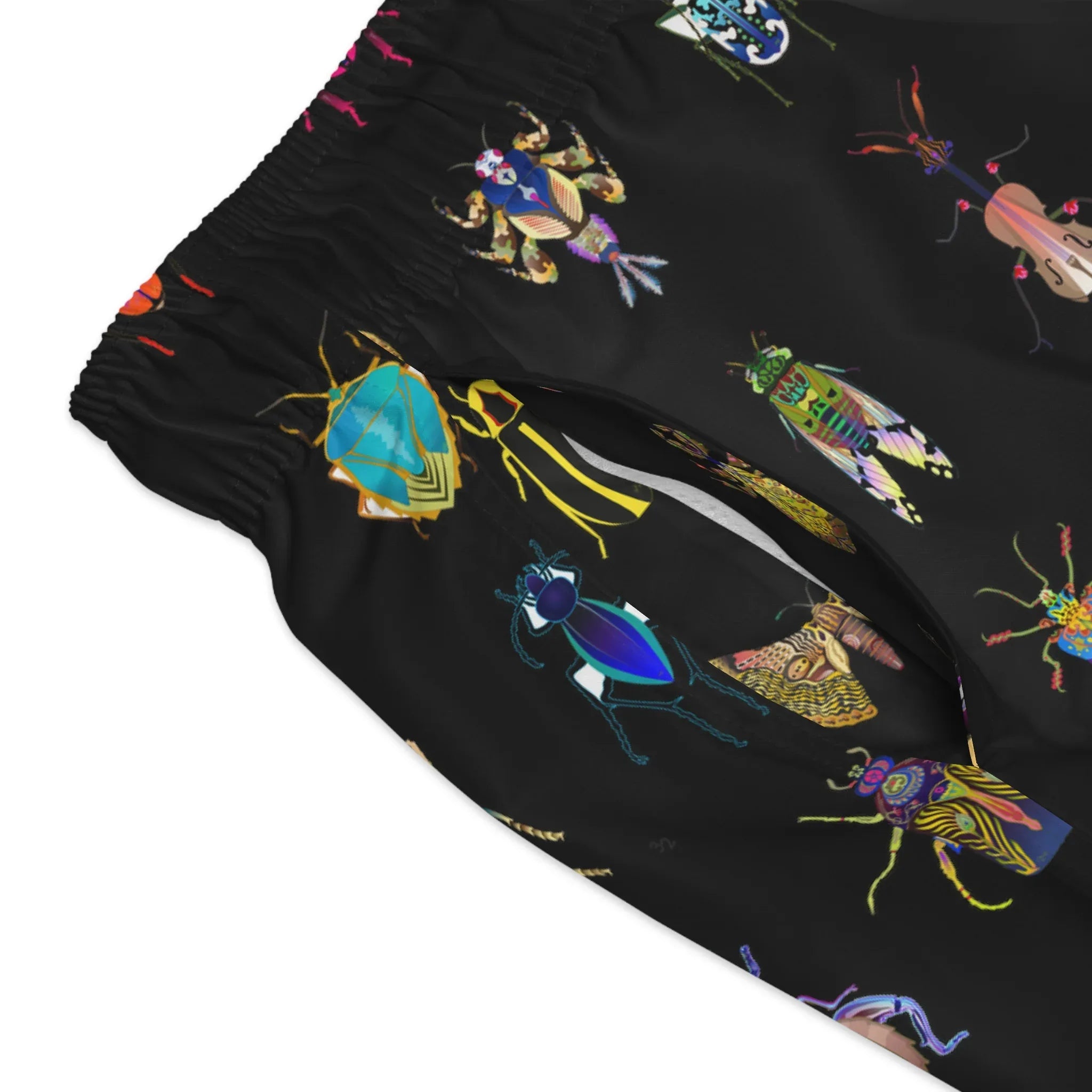 Shoosty® Bugs Black Swim Trunks (AOP) - Wearable Fine Art by Shoosty