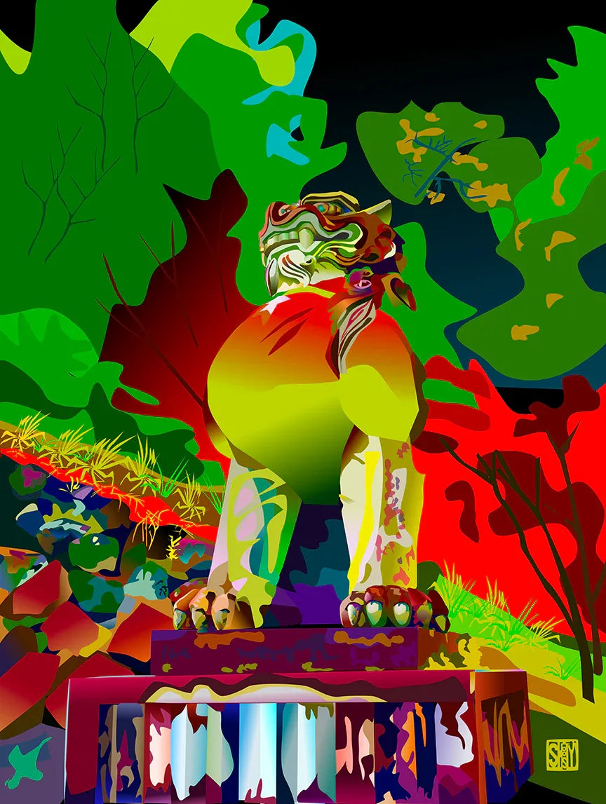 Komainu / Lion Dog - V2 Long Sleeve Henley – Limited Edition Shoosty Artist Series - Wearable Fine Art by Shoosty