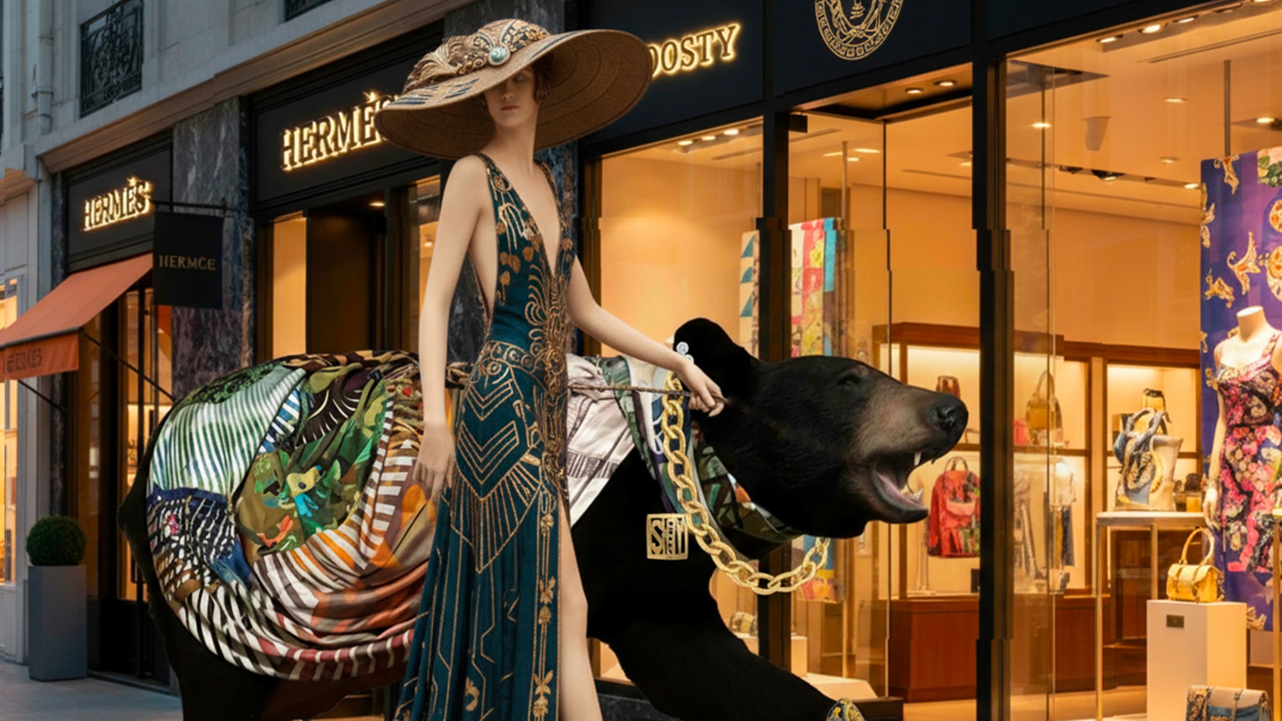 Model dress in high fashion walking a bear decked out in luxury in a mall.