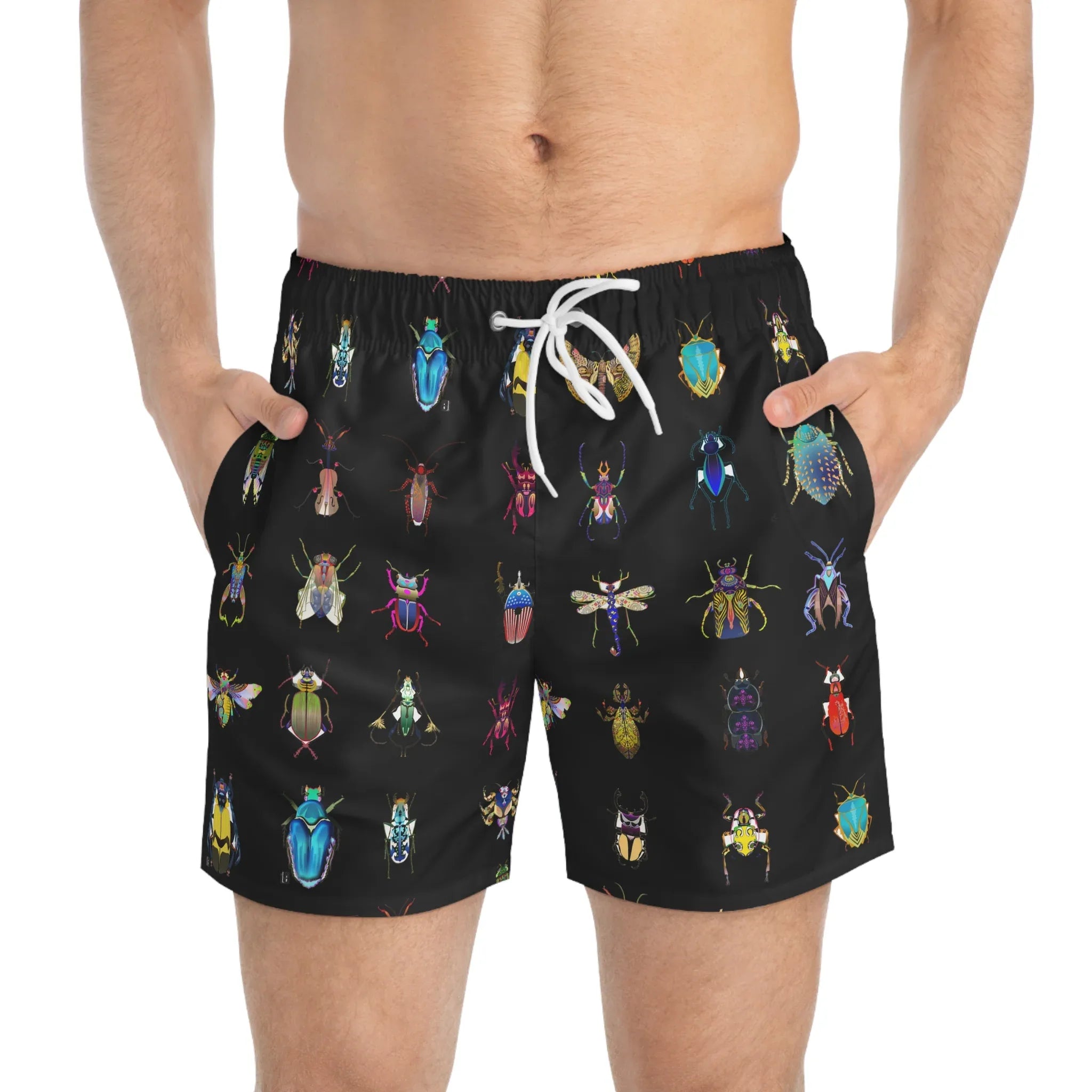 Shoosty® Bugs Black Swim Trunks (AOP) - Wearable Fine Art by Shoosty