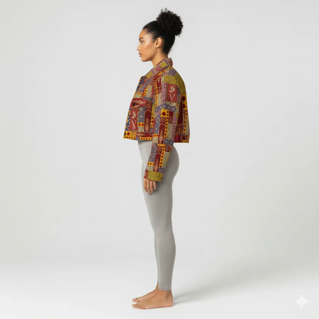 Cropped Jean Jacket in Patchwork Print Twill - Wearable Fine Art by Shoosty