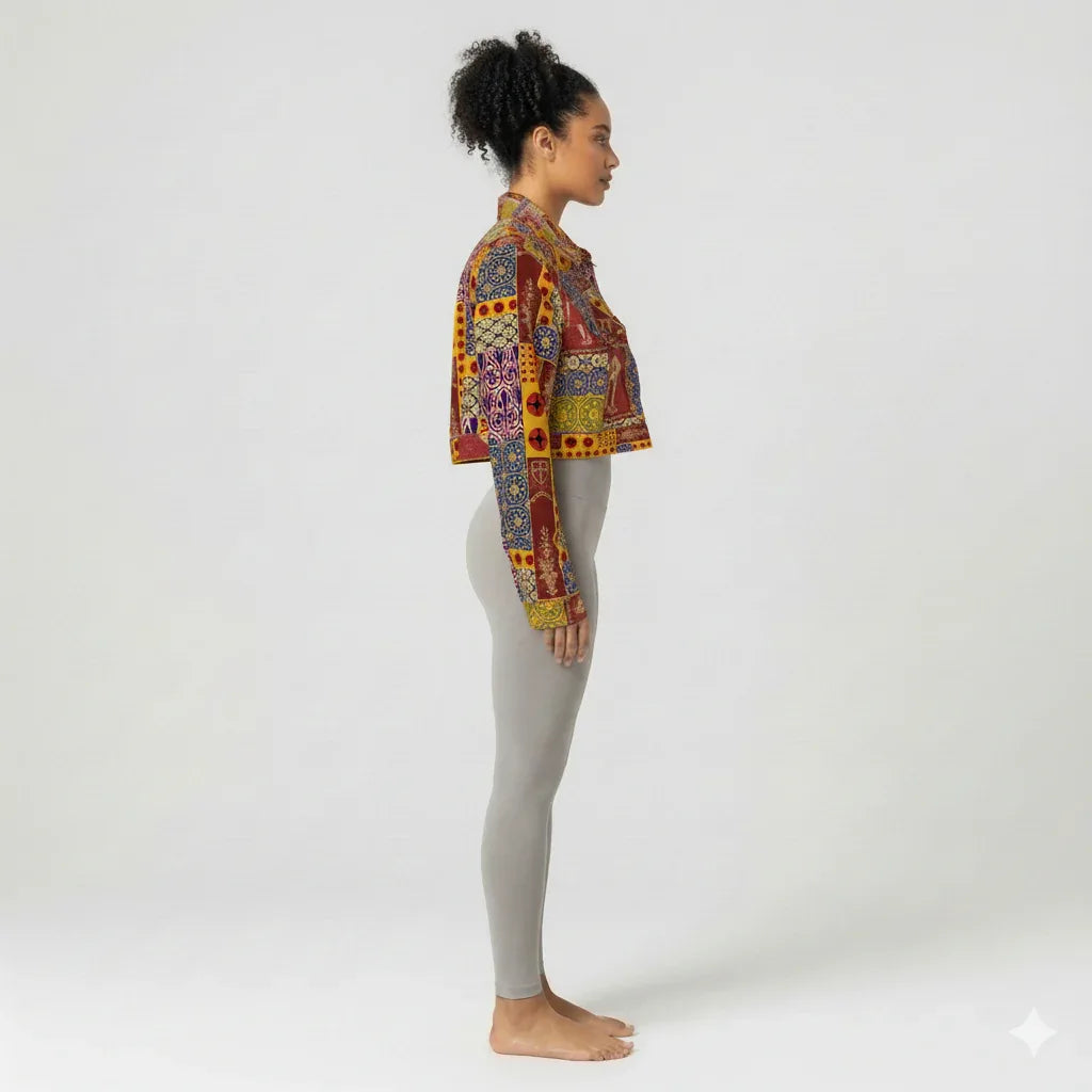 Cropped Jean Jacket in Patchwork Print Twill - Wearable Fine Art by Shoosty