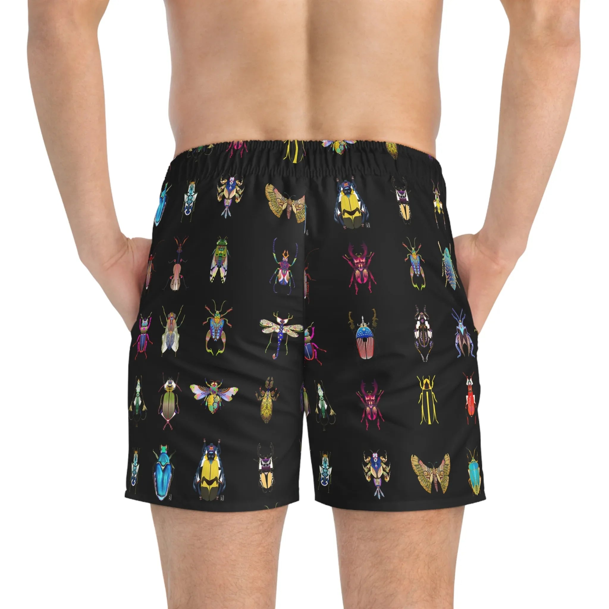 Shoosty® Bugs Black Swim Trunks (AOP) - Wearable Fine Art by Shoosty