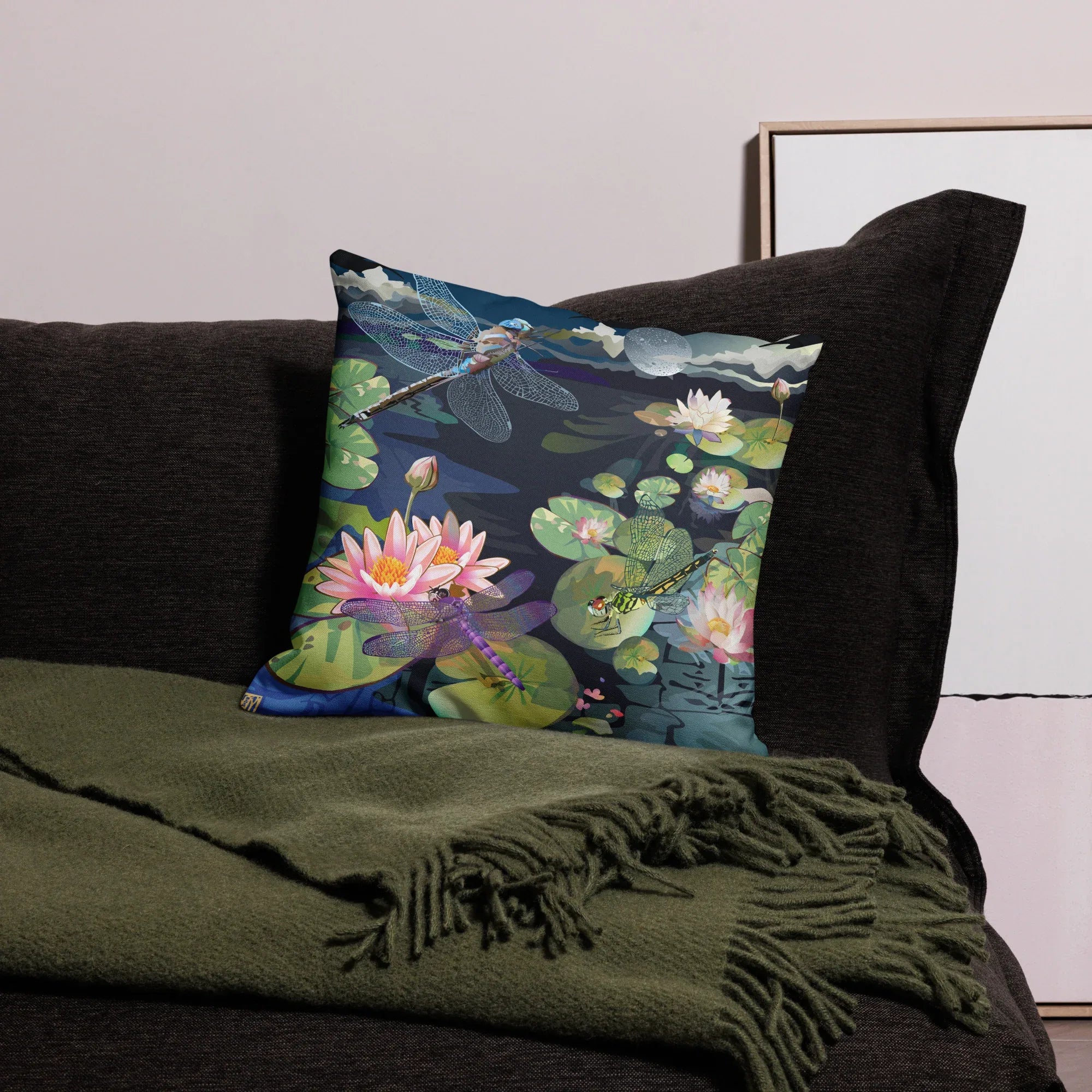 Dragonfly and Lotus at night Pillow 18″×18″ - Wearable Fine Art by Shoosty