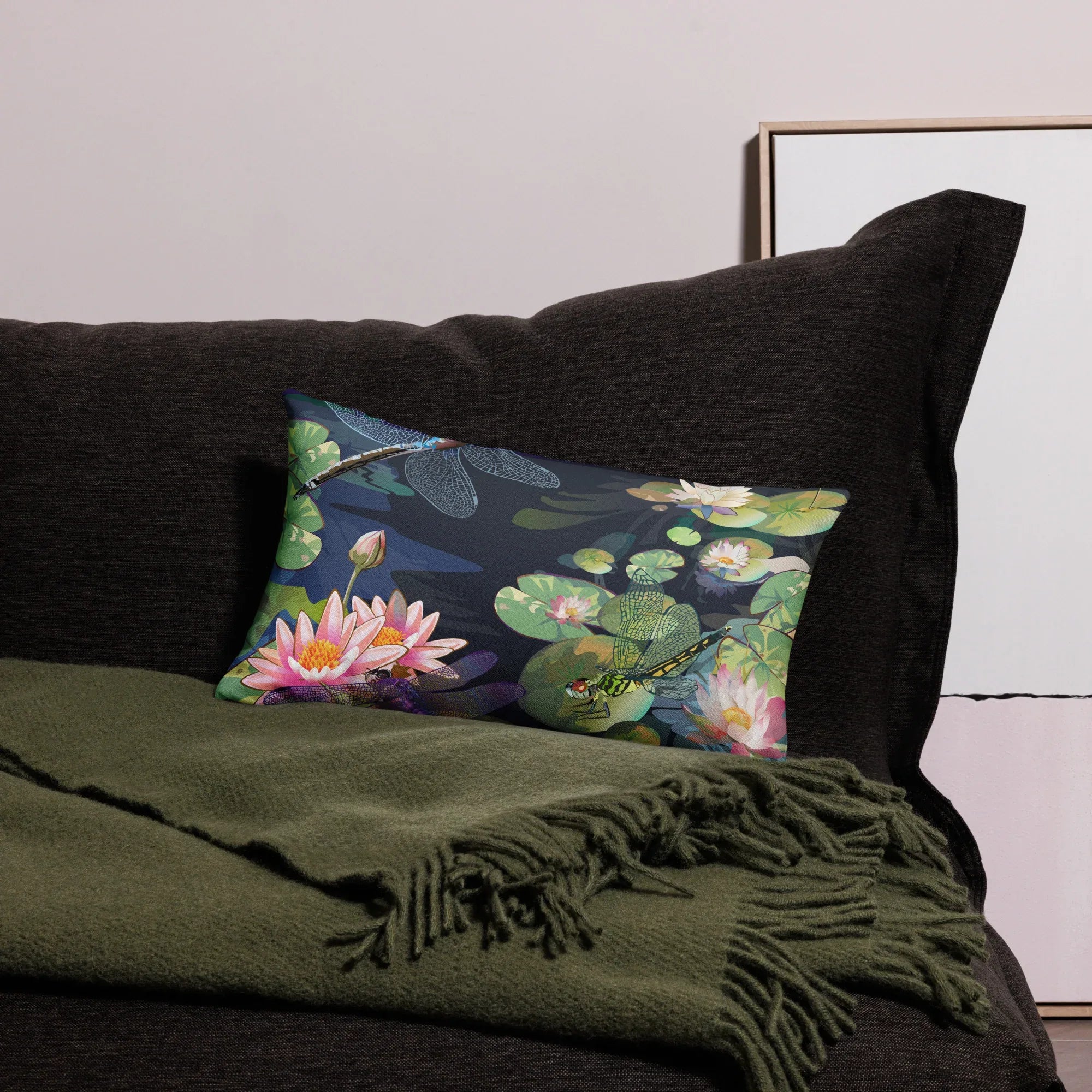 Dragonfly and Lotus at night Pillow 20″×12″ - Wearable Fine Art by Shoosty