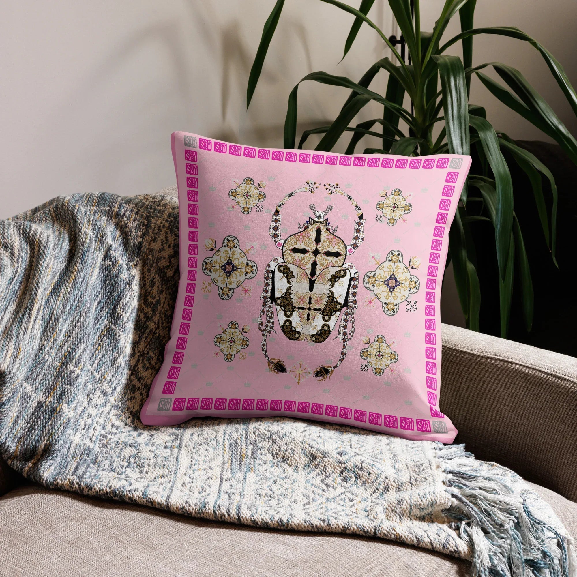 English Pink Scarab Pillow - Wearable Fine Art by Shoosty
