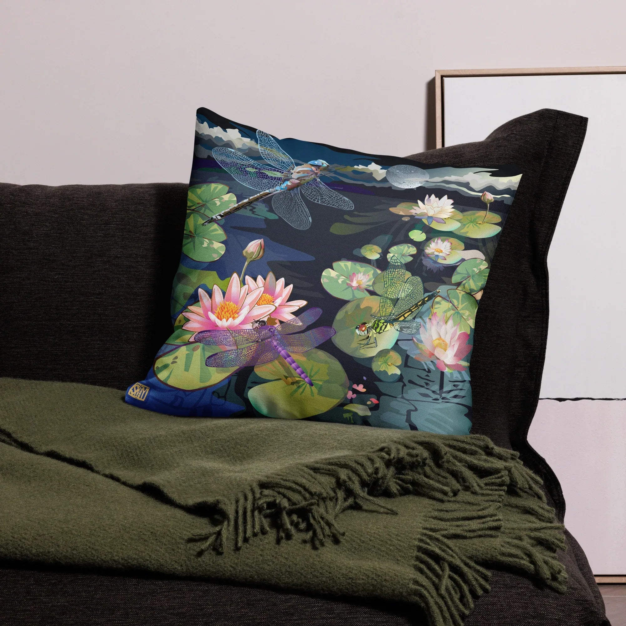 Dragonfly and Lotus at night Pillow 22″×22″ - Wearable Fine Art by Shoosty