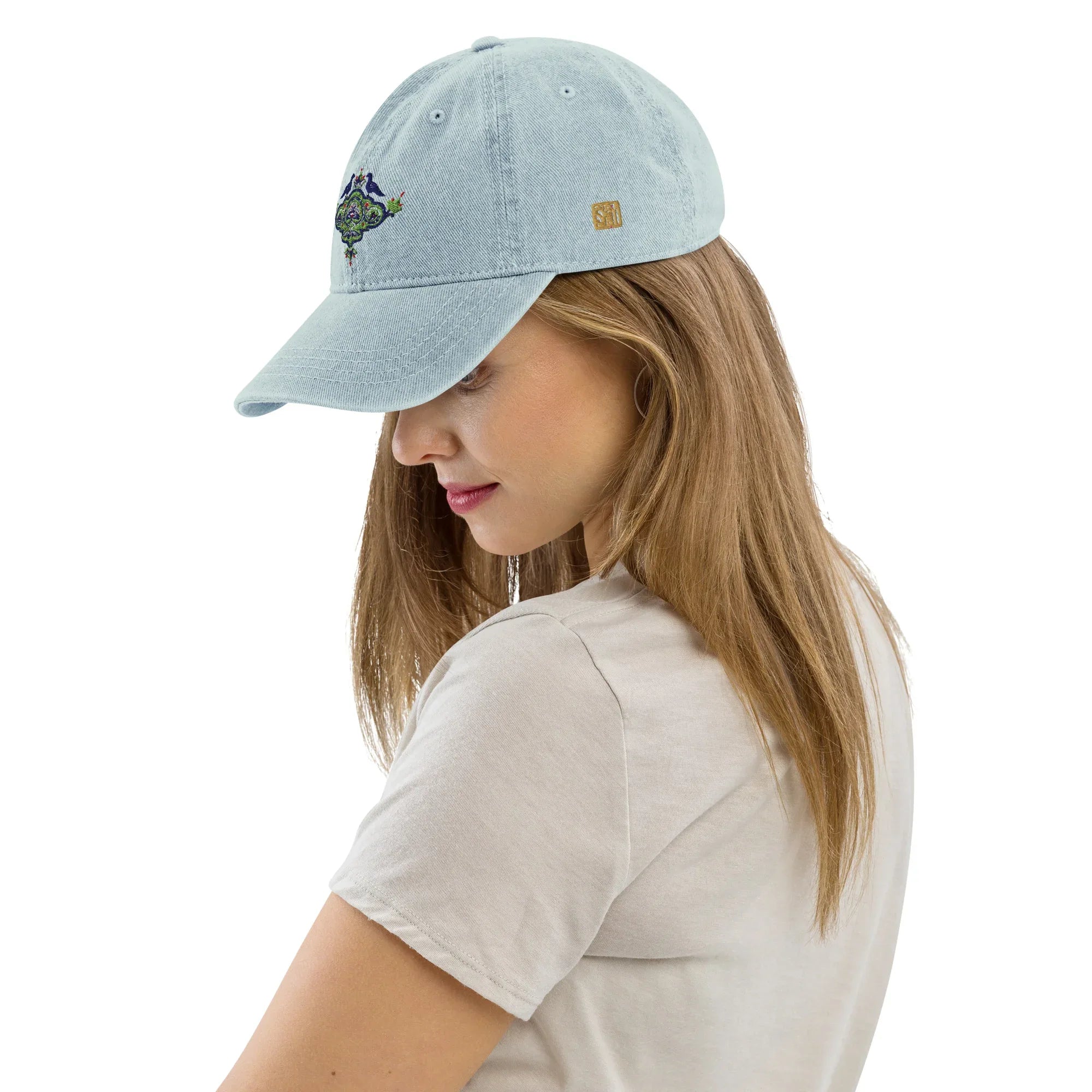 Two Birds Denim Hat - Wearable Fine Art by Shoosty