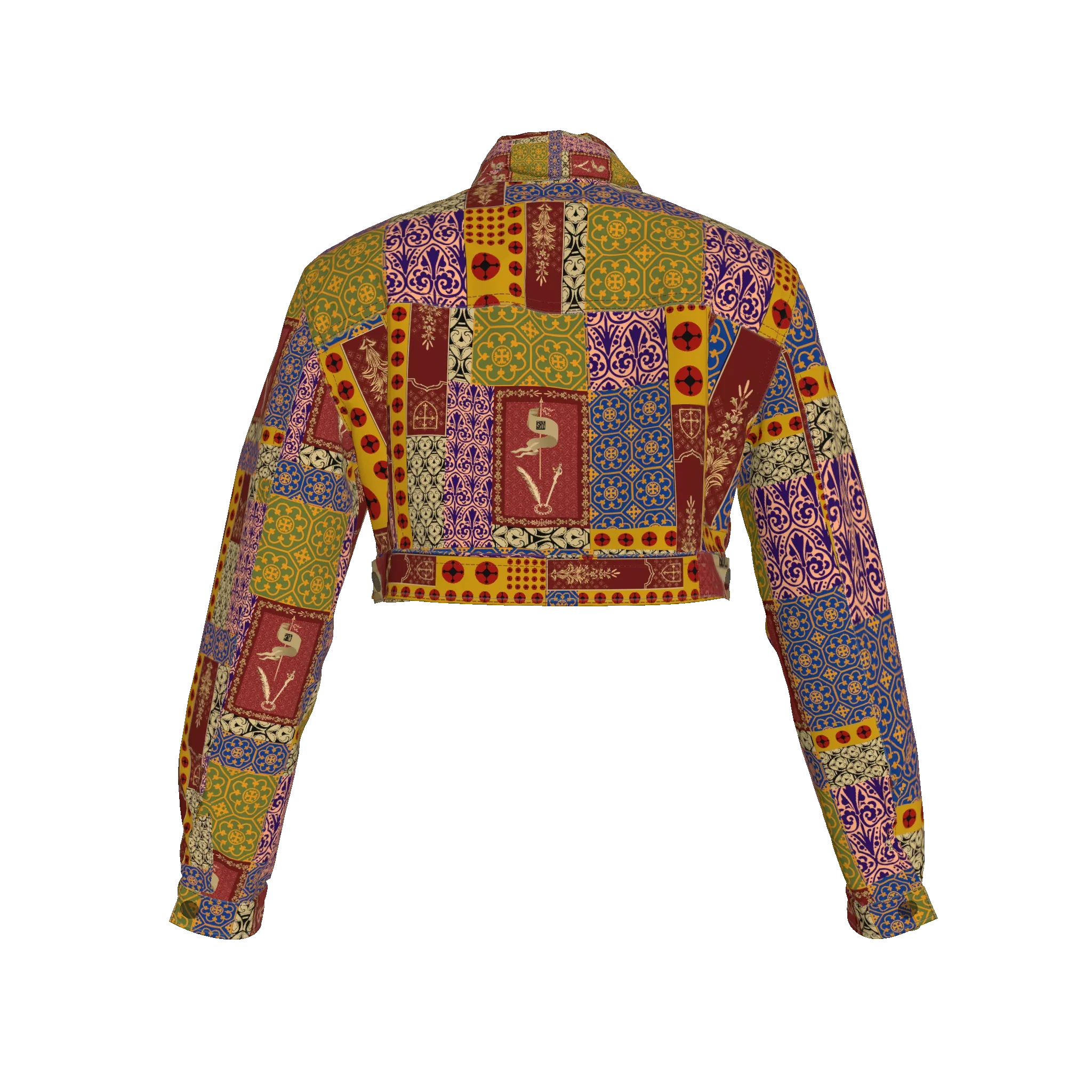 Cropped Jean Jacket in Patchwork Print Twill - Wearable Fine Art by Shoosty