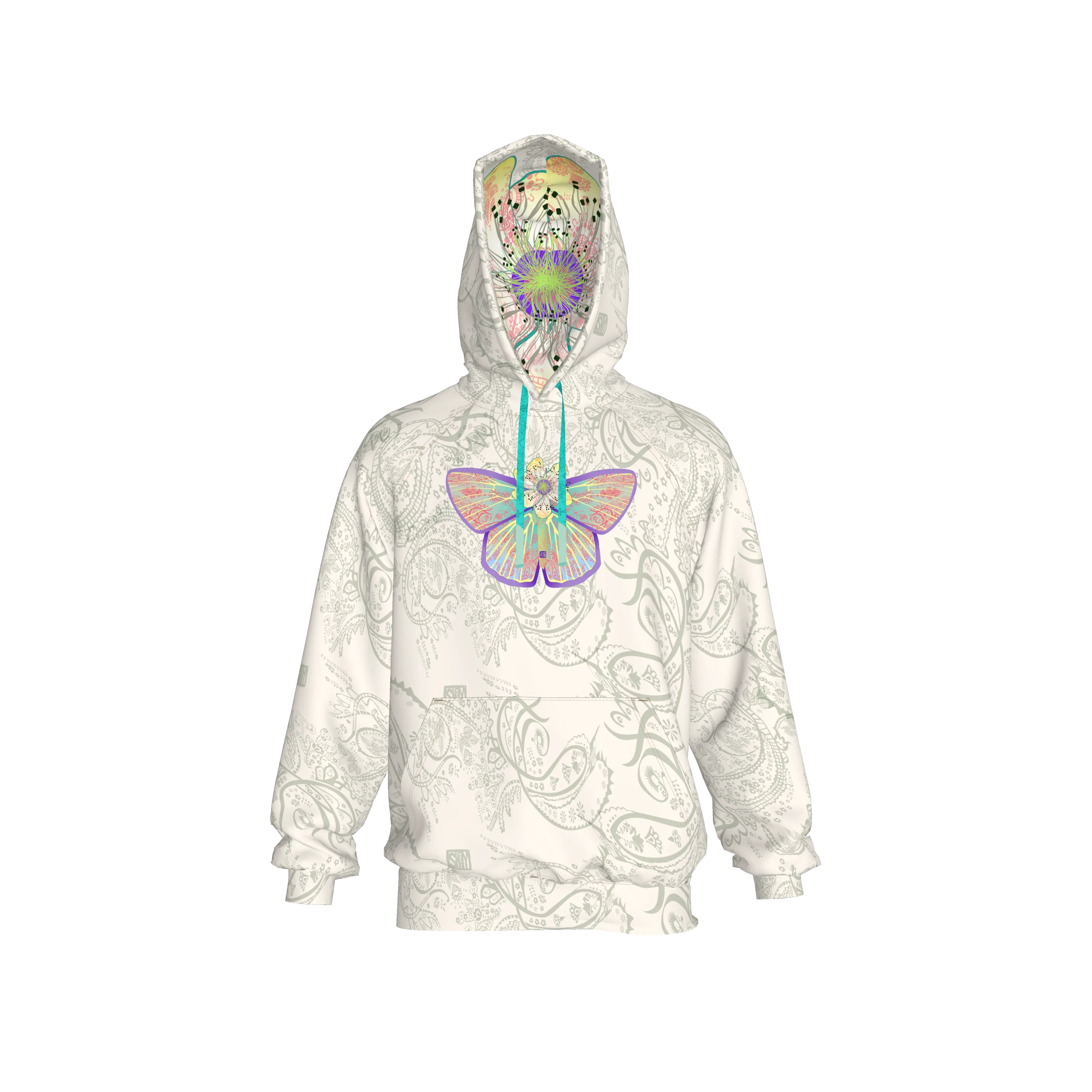 White Morpho Hoodie with Flower-headed butterfly - Wearable Fine Art by Shoosty