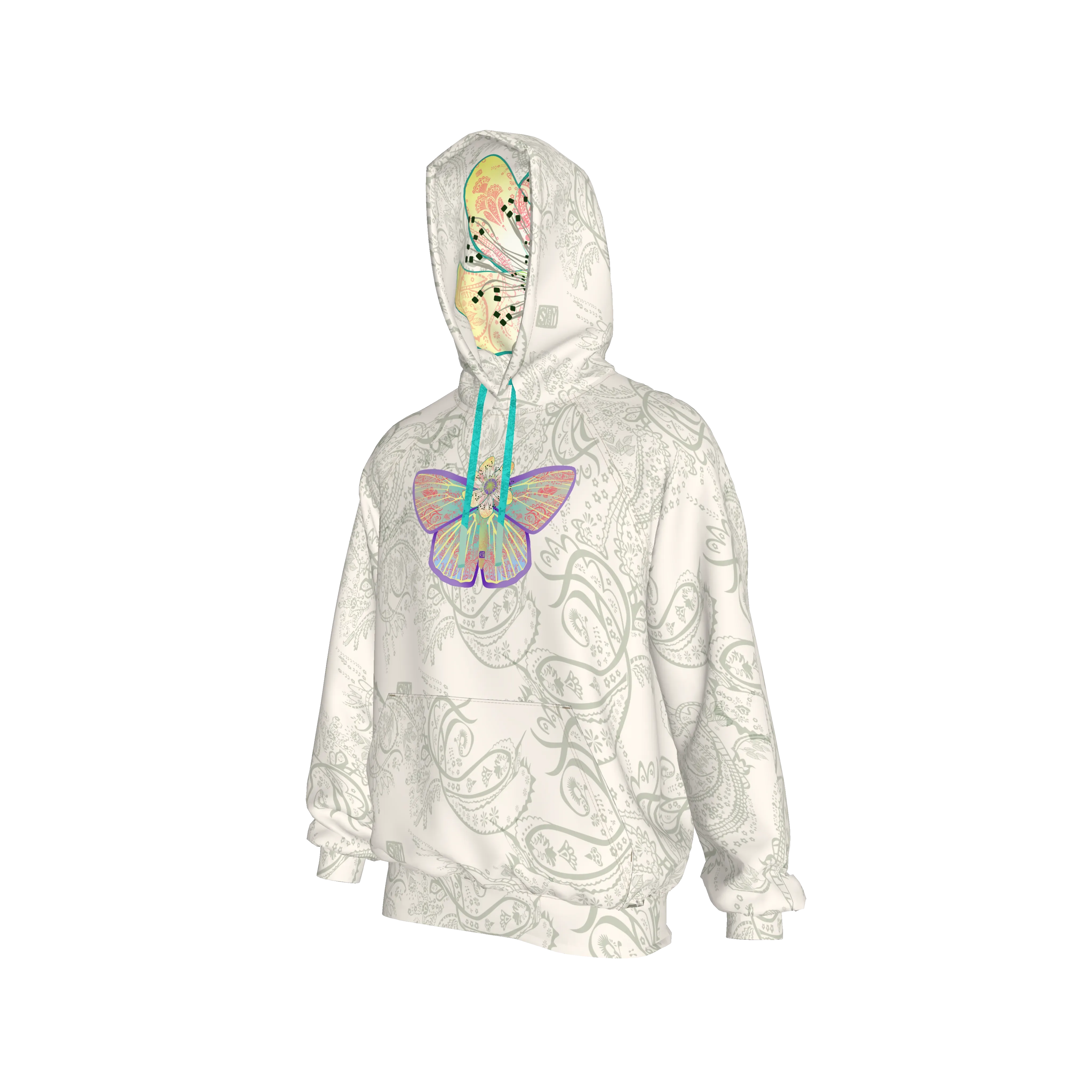 White Morpho Hoodie with Flower-headed butterfly - Wearable Fine Art by Shoosty