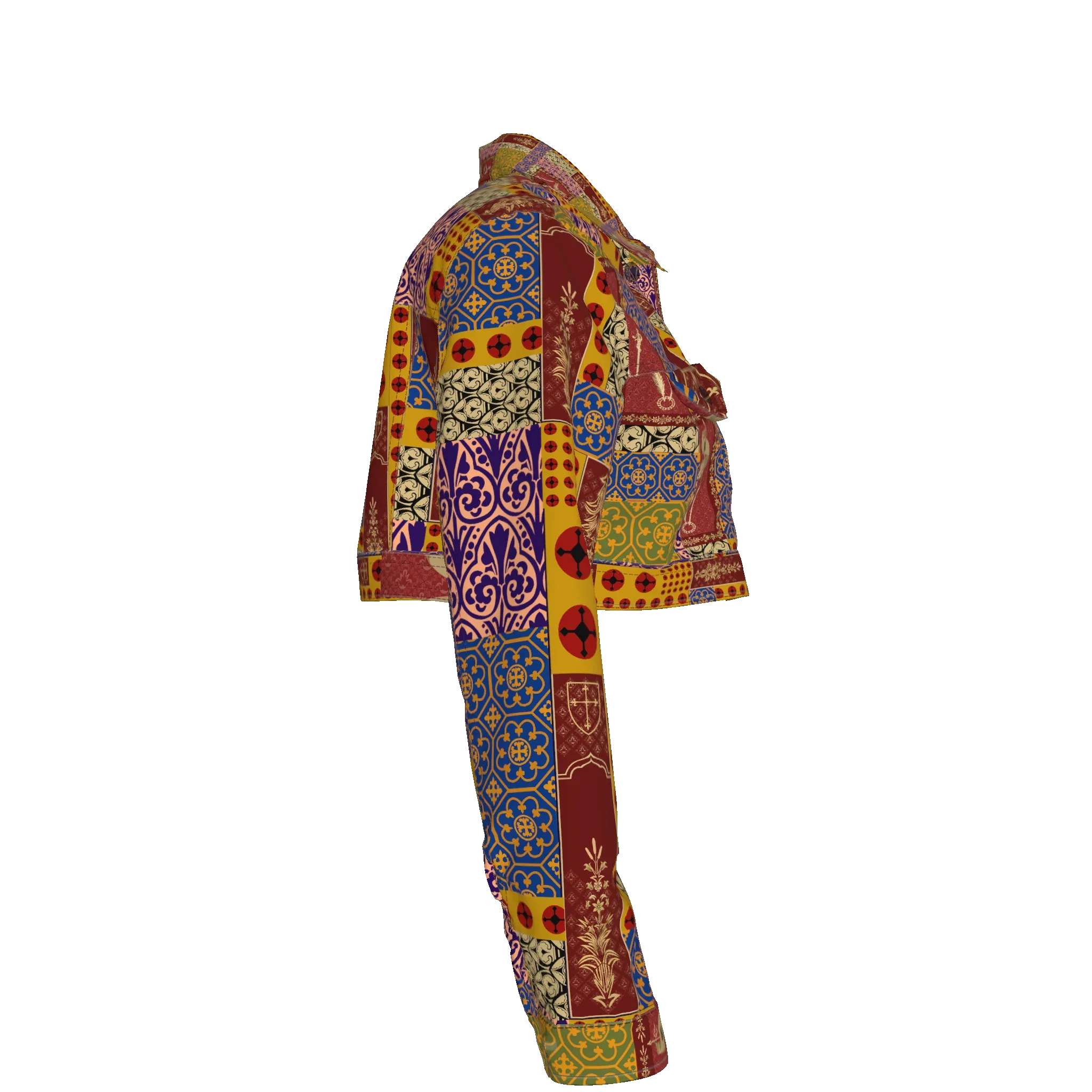 Cropped Jean Jacket in Patchwork Print Twill - Wearable Fine Art by Shoosty